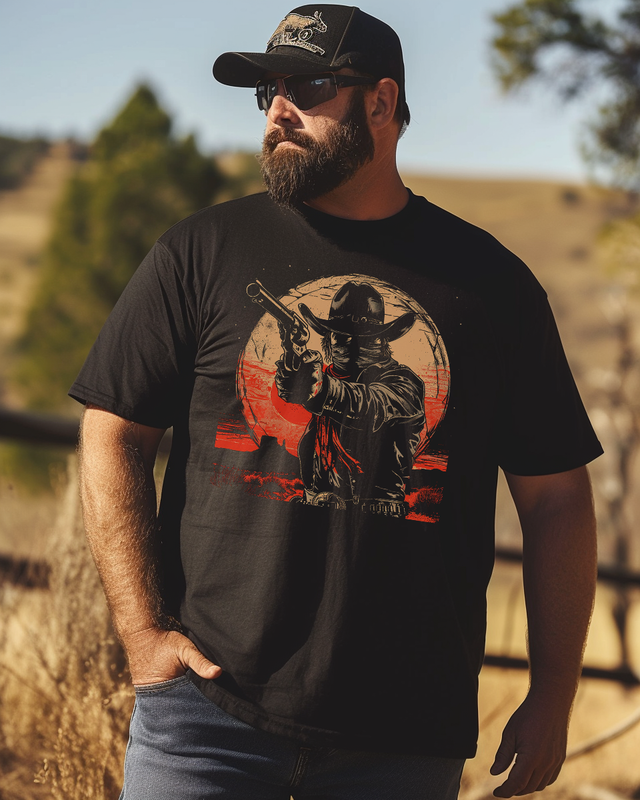 Men's Retro West Wild Cowboy Skull Western Country Rodeo Skeleton Print Plus Size T-shirt