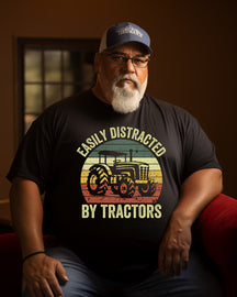Men's "Easily Distracted by Tractors" Print Plus Size T-shirt  ， Grandpa shirt