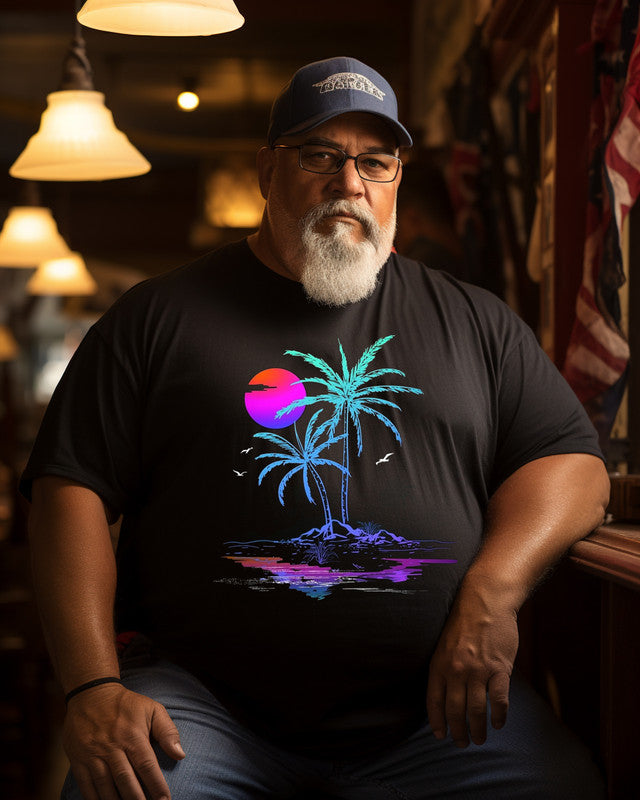 Men's Retro Palm Tree Graphic Sunset  Print Plus Size T-shirt
