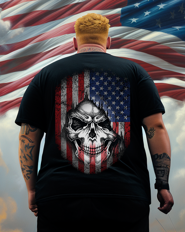 Men's Cool American Flag Skull Graphic Plus Size T-Shirt & Short