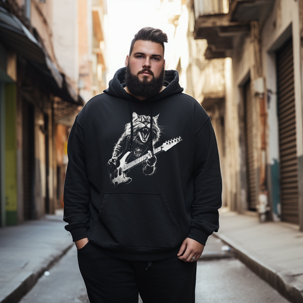 Funny Cat Playing Guitar Men's Plus Size Hoodie