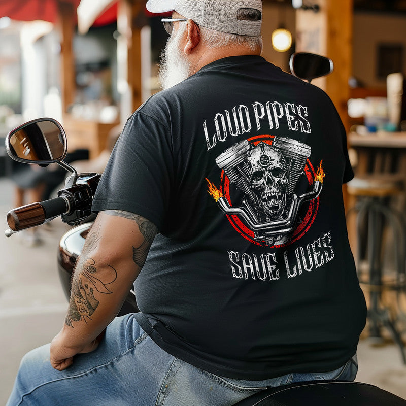Men's LOUD PIPES SAVE LIFES Skull Motor Print Plus Size T-Shirt & Short