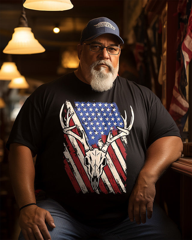 Men's Deer Skull American Flag Plus Size T-shirt