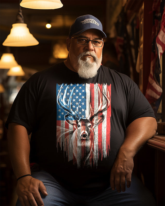 Men's PATTERN ONLY Patriotic deer American Flag Panel Pattern Plus Size T-shirt