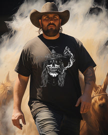 Men's Retro Skull Western Cowboy Print Plus Size T-shirt