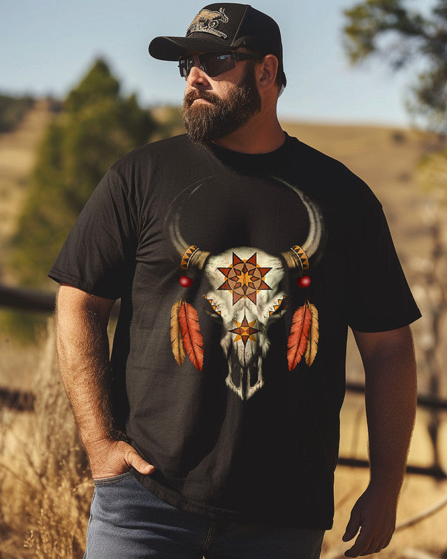 Men's western bull head ethnic style print Plus Size T-shirt