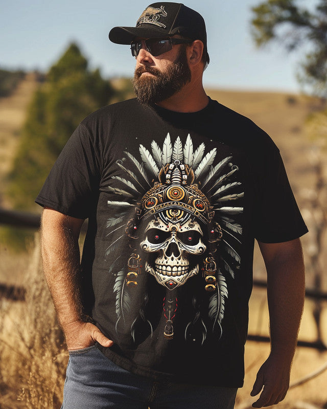 Men's vintage Indian skull print Plus Size T-shirt