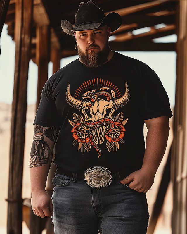 Men's Vintage bull head western print Plus Size T-shirt