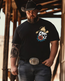 Men's rose skull western cowboy print Plus Size T-shirt