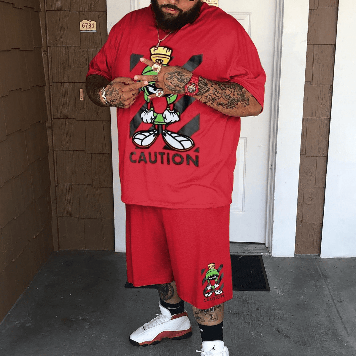 Caution Print Short Sleeve Red Big Size Sets