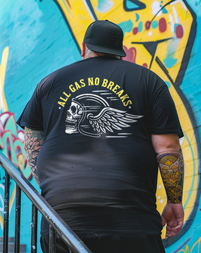 Men's ALL GAS NO BREAKS Skull with Wings Print Plus Size T-Shirt & Short